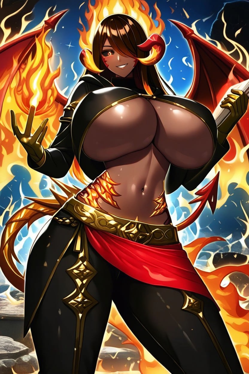 Red Turtleneck, Long Fiery Hair In A Fly-away Style, Long Black Sorceress Sleeves Hentai AI Porn