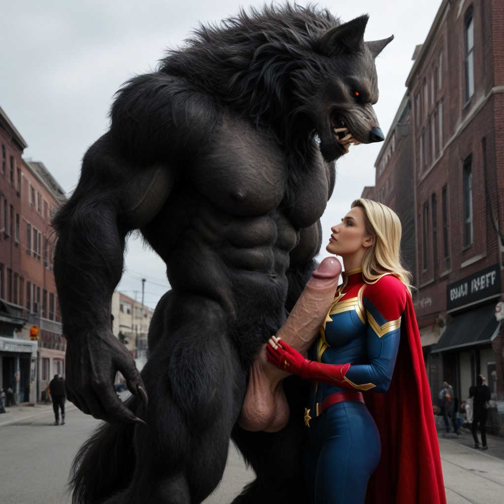 Captain Marvel And Giant Fur Werewolf Staring Each Other Down, Side View, Werewolf's Crotch Is Higher Than The Woman AI Porn