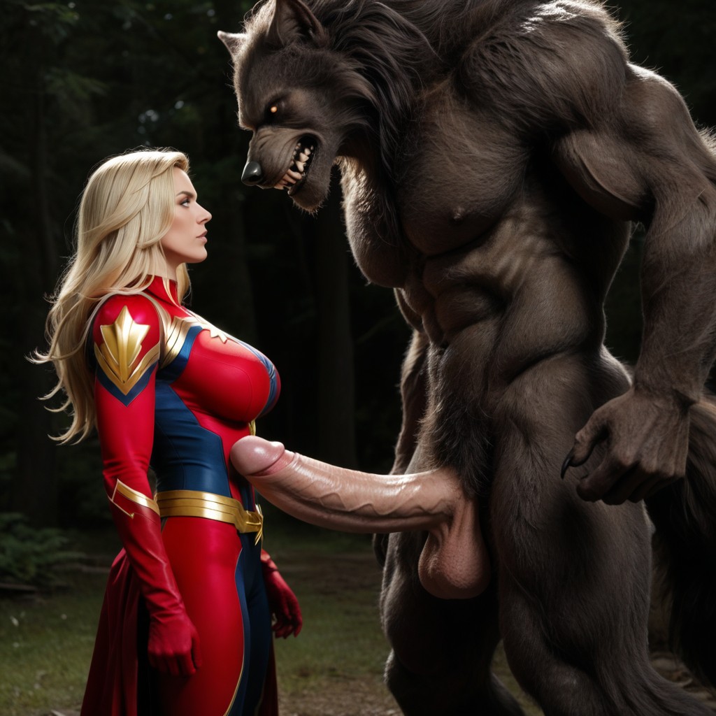 Werewolf's Crotch Is Higher Than The Woman, Overflowing Semen, Woman Standing In Front Of Erect Penis And Looking Up AI Porn