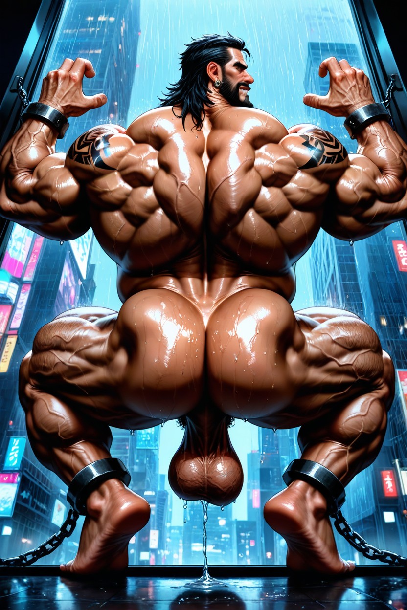 Crotch Hanging Balls, Huge Neck, Shackles On Wrists ゲイAIポルノ