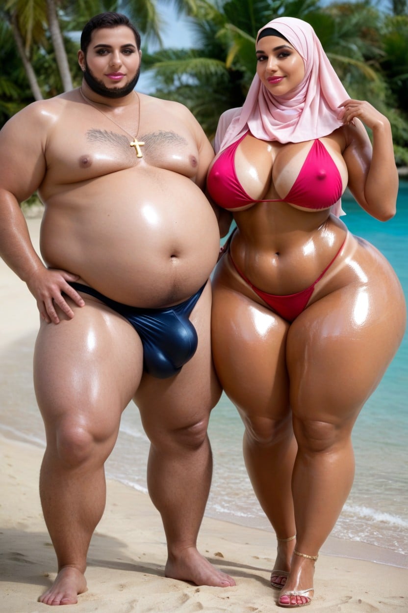 Extremely Fat Inner Thighs, Beach, Exposed Navel AI Porn