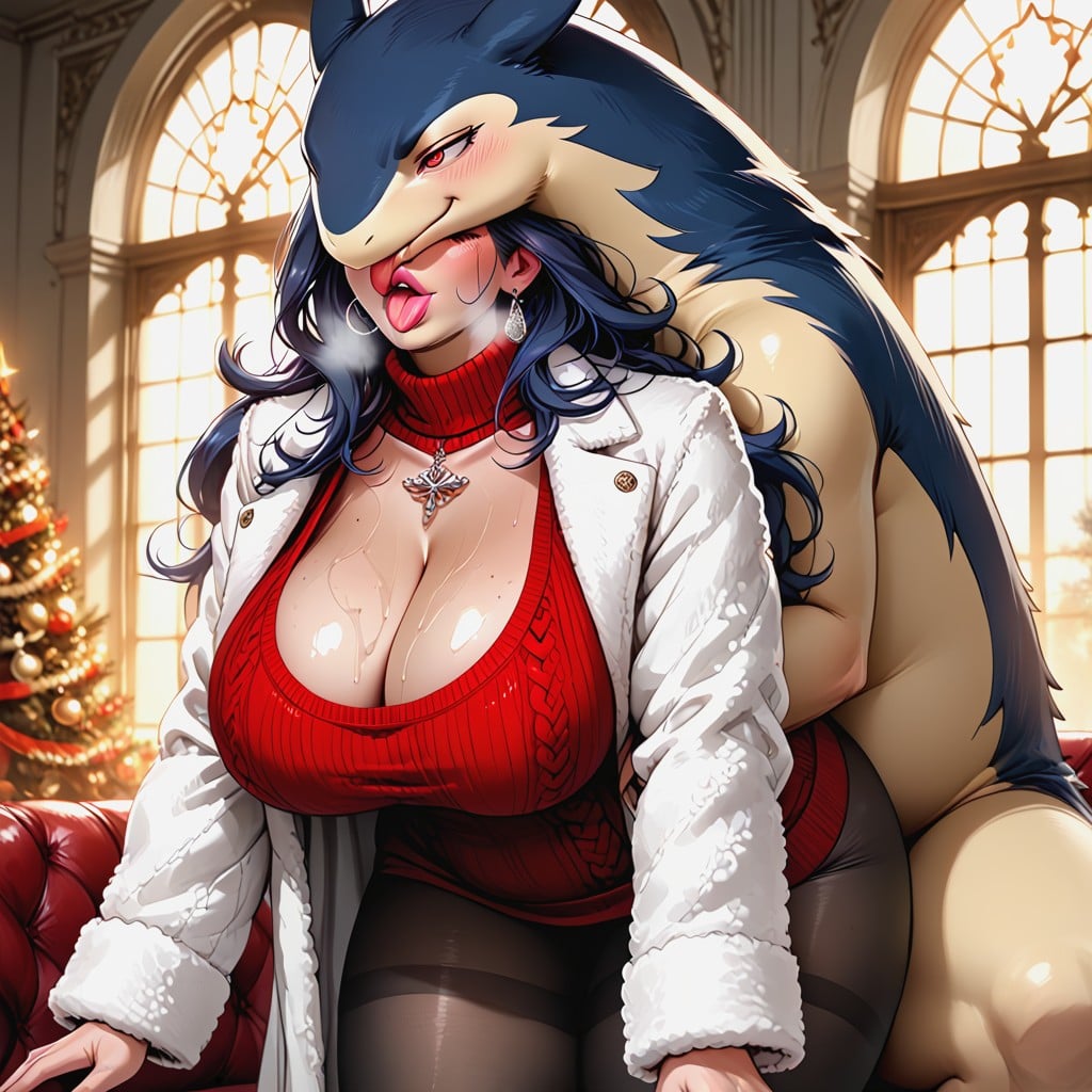 Sweaty Tits, Ribbed Knit Fabric, Long White Camel Wool Coat Hentai AI Porn