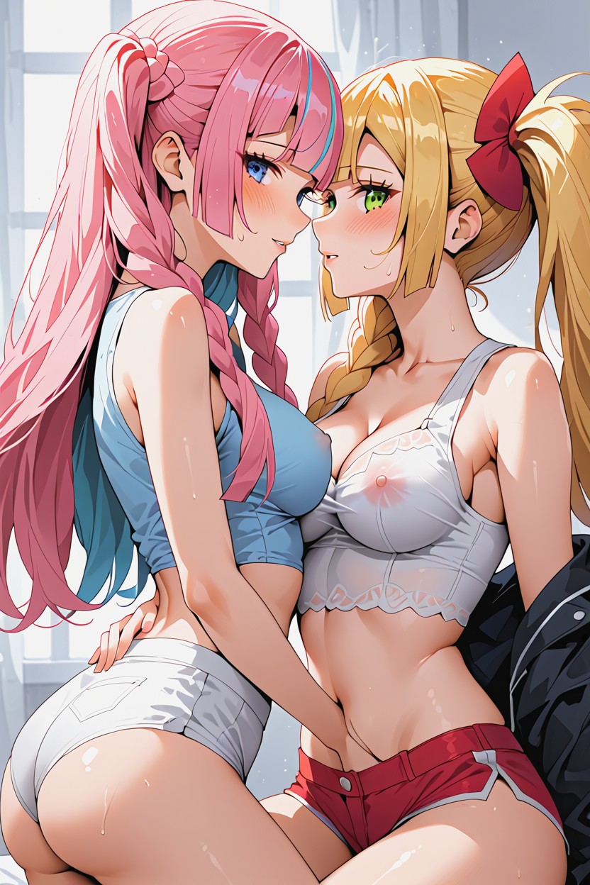 High Twin Tails Hair, Korean Female, Erect Nipples AI Porn