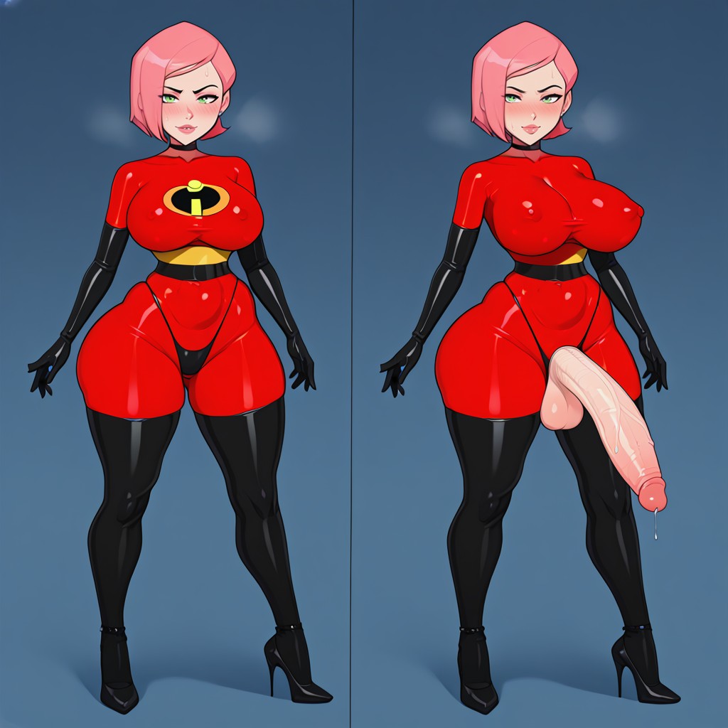 Red Latex Costume From The Incredibles, Black Latex Thong, Green Eyes Shemale AI Porn