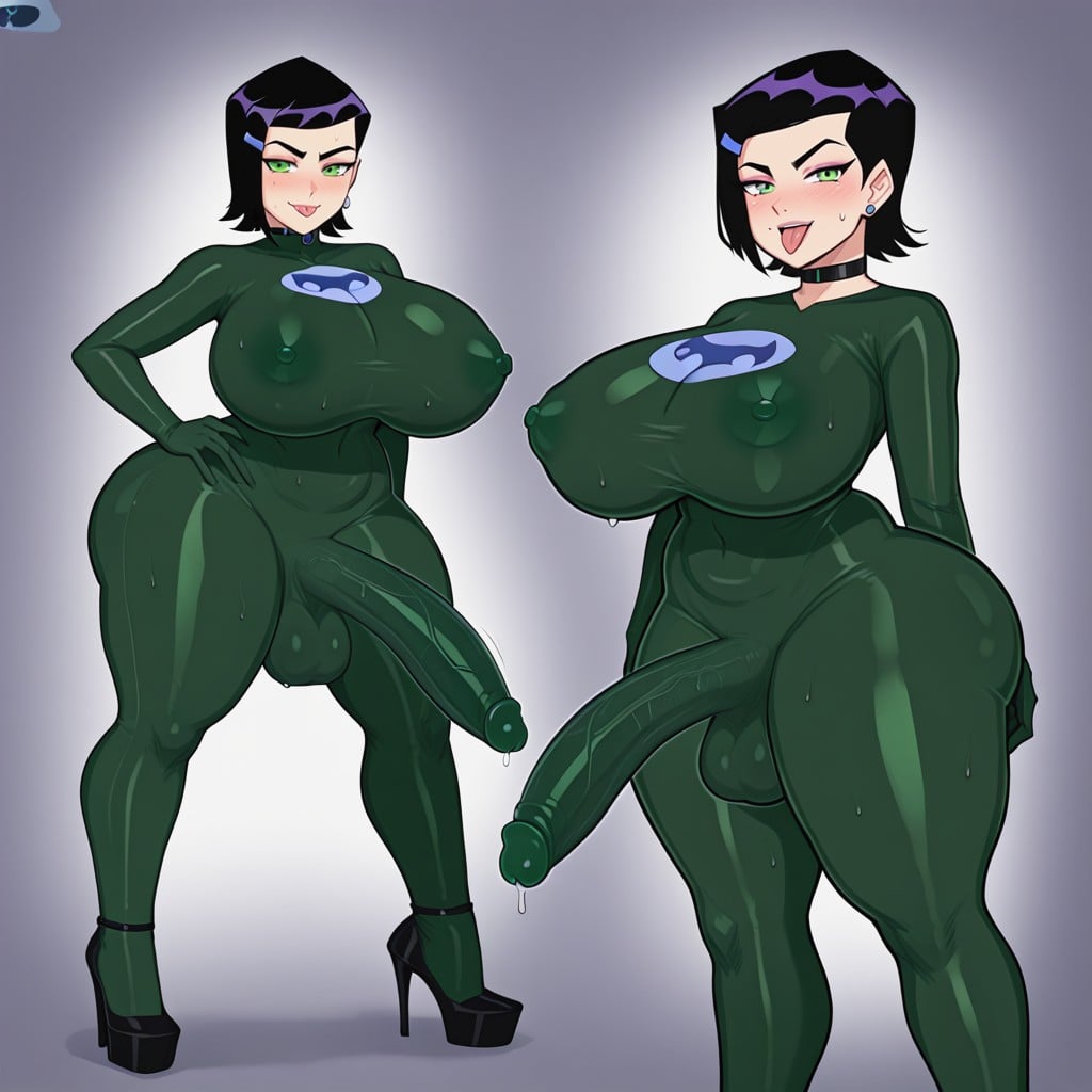 Black Latex Stockings, Medium Length, Green Latex Bodysuit From Danny Phantom Shemale AI Porn