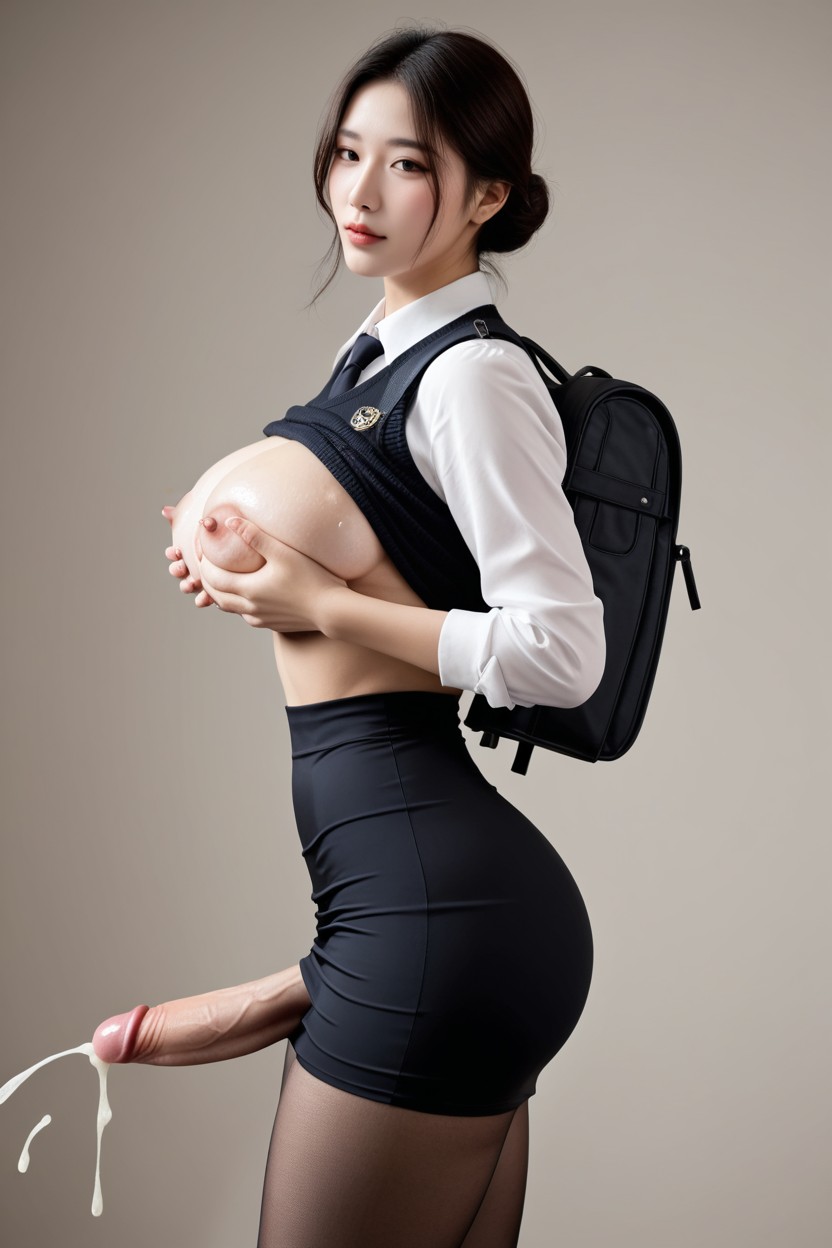 Charcoal Sweater Vest, Lustrous Skin, Front View Asian AI Porn