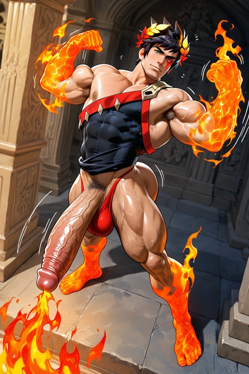 Male Only, One Of His Hands Is Grabbing His Giant Bulge, Orange And Grey Skin AI Gay Porn
