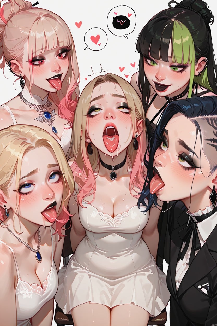 Spit Bubble, Blue Hair, All Wearing Dresses Hentai AI Porn