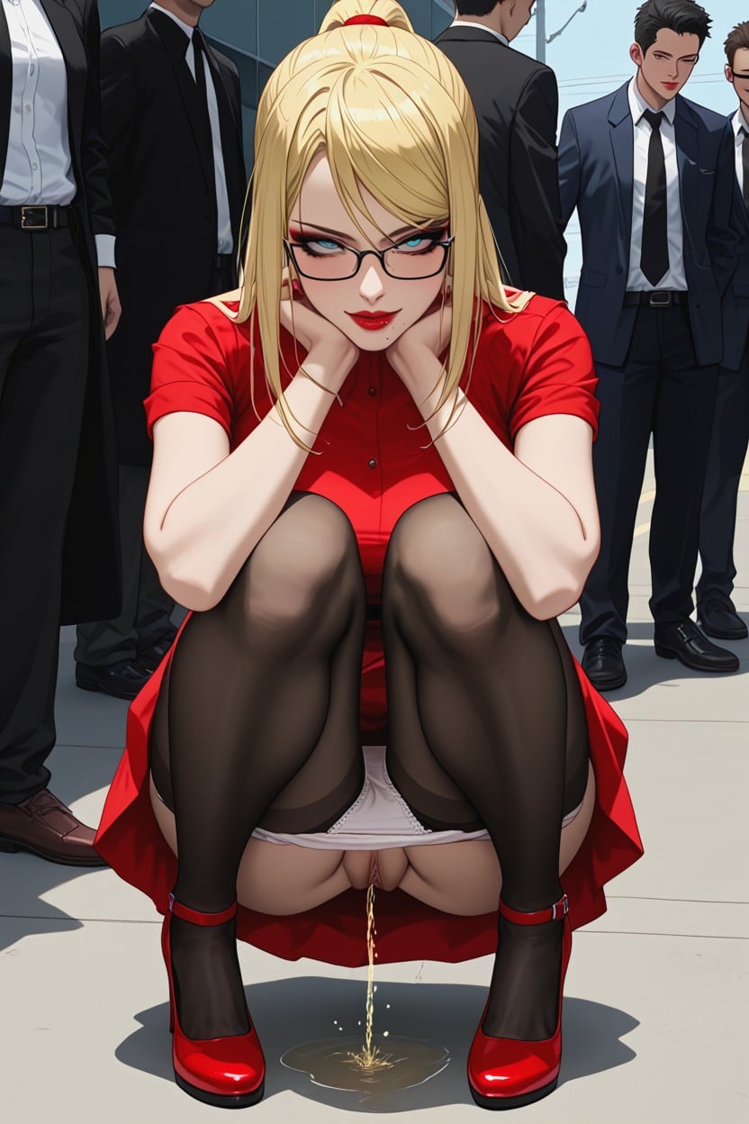 Eyes Rolled, High Heels, Holding Her Dress With Her Hands Hentai AI Porn