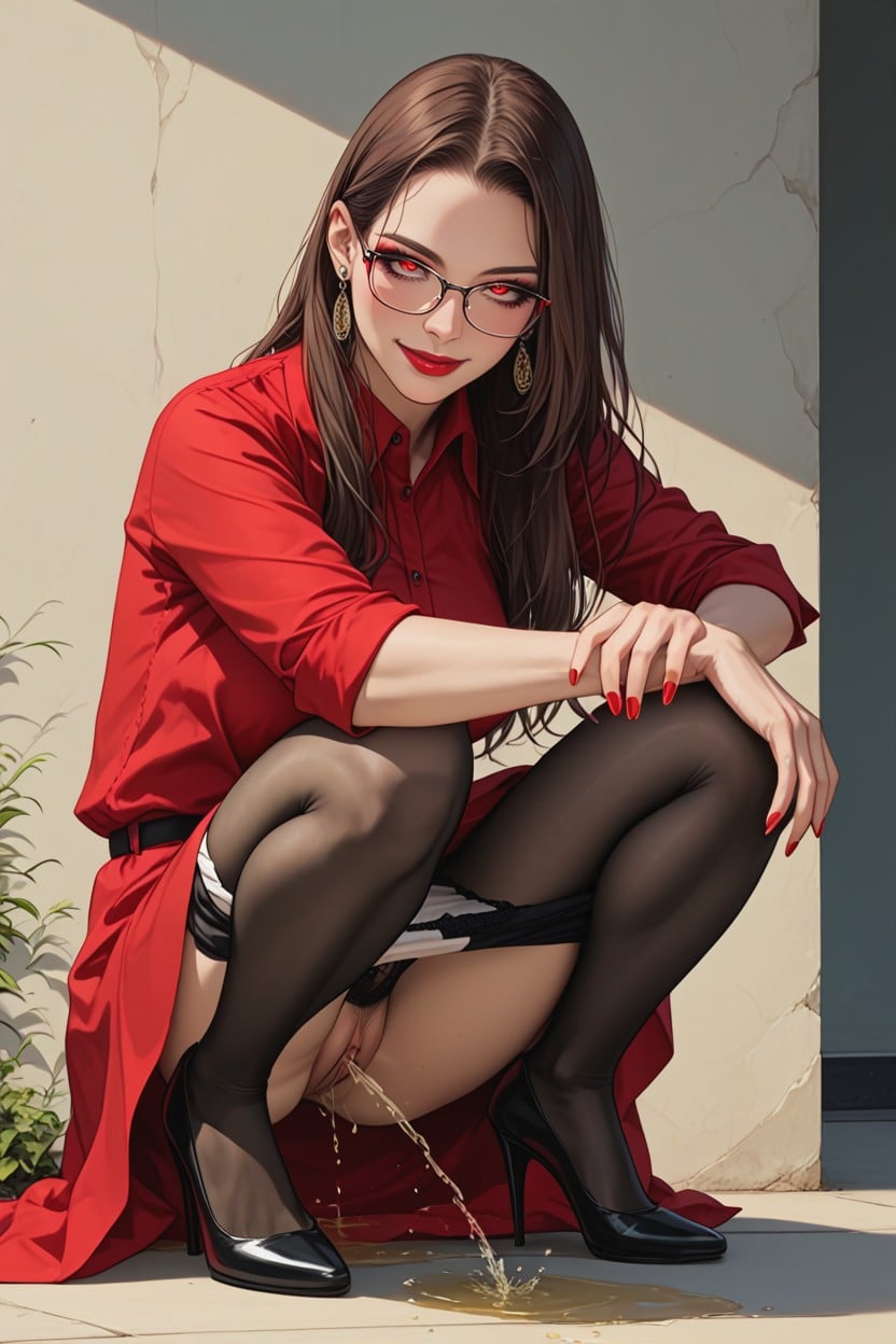 Earrings, Pee From Pussy, Holding Her Dress With Her Hands Hentai AI Porn