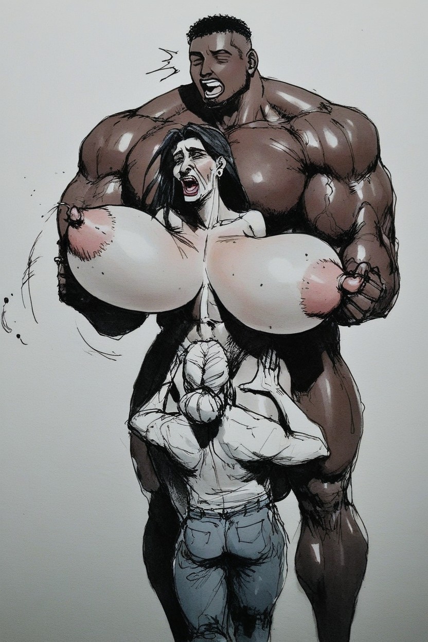 Pushed Head, Cleavage, Big Muscular Bodybuilder Black Man AI Porn
