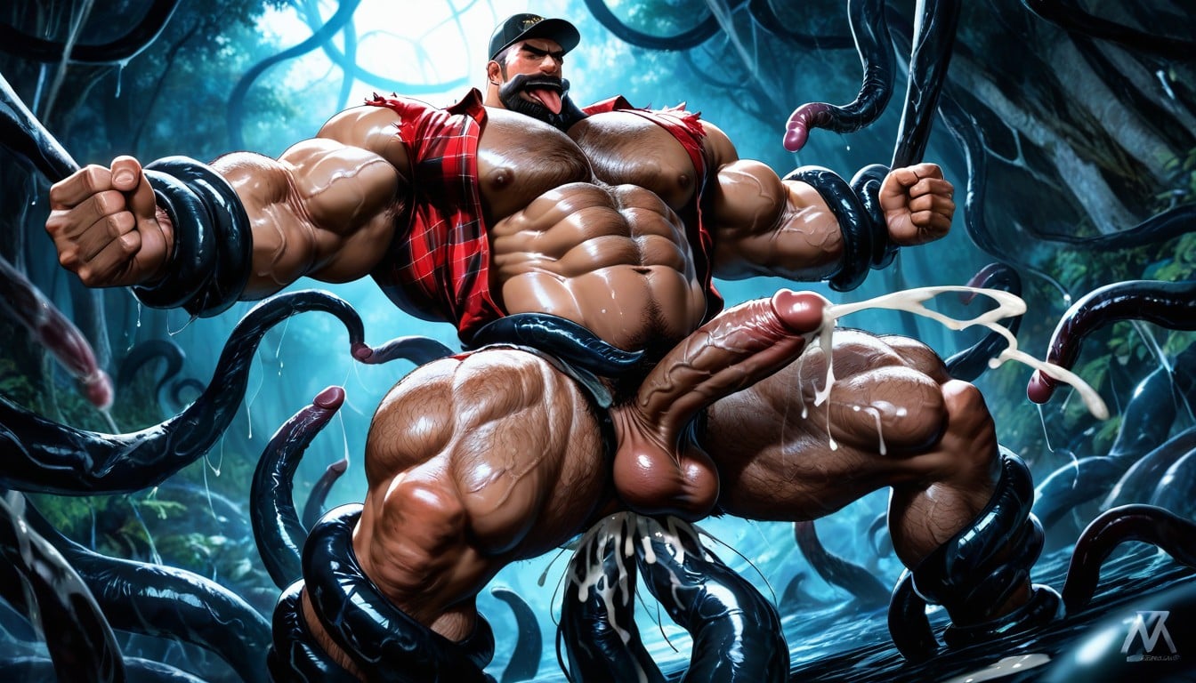 Hard Very Detailed Veiny Penis, Redneck, Restrained By Tentacles AI Gay Porn
