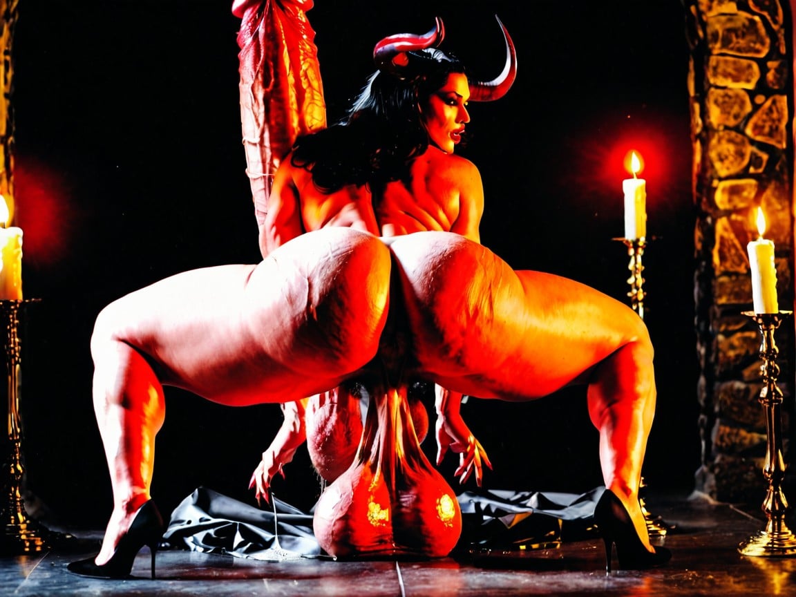 Inch Long Cock, Minotaur Succubus, Fiery Candle Lit Hell Background Shemale AI Porn