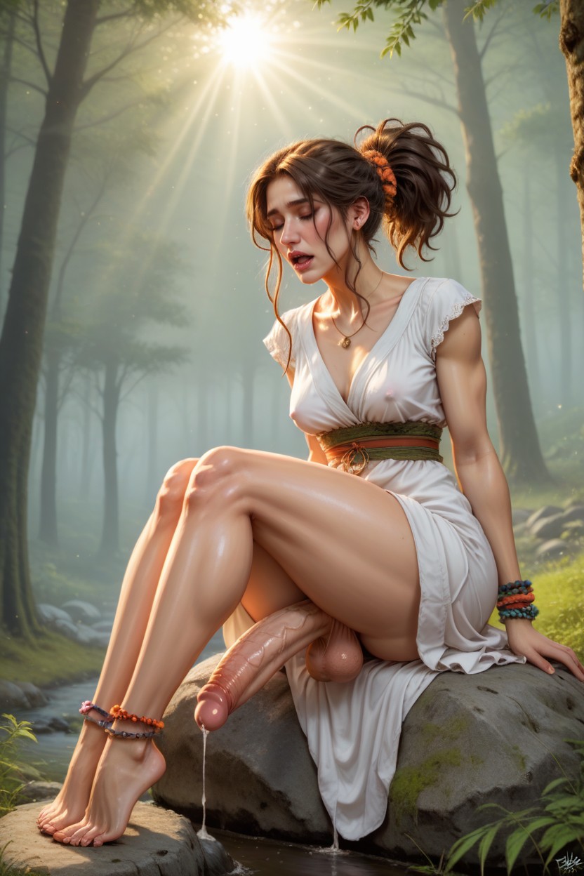 Supermodel Body, Dark Brown Hair, White Oversized Hippie Dress Shemale AI Porn