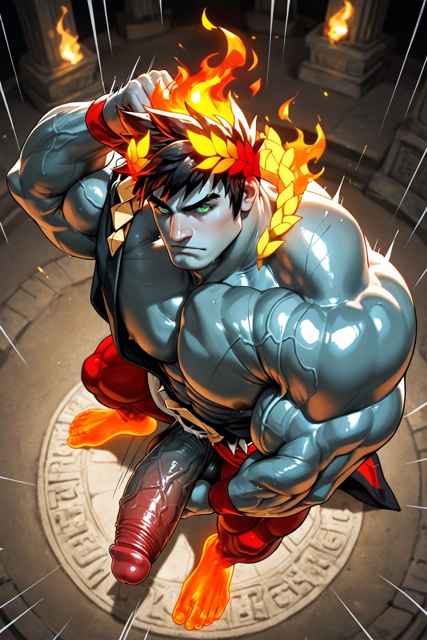 Open Clothes, Wearing A Orange And Red Laurel Crown, Side View AI Gay Porn