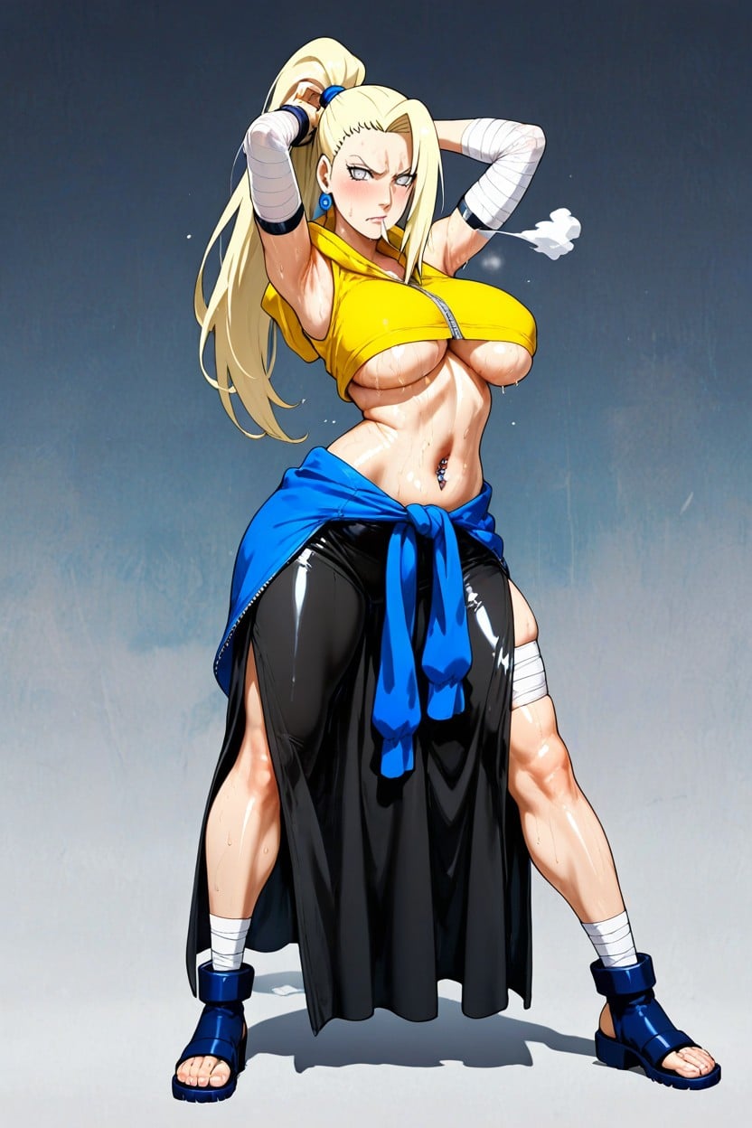 Ending Just Under The Boobs, One Side Fringe Falling Over One Side Of Her Face, Sweaty Hourglass Body Hentai AI Porn