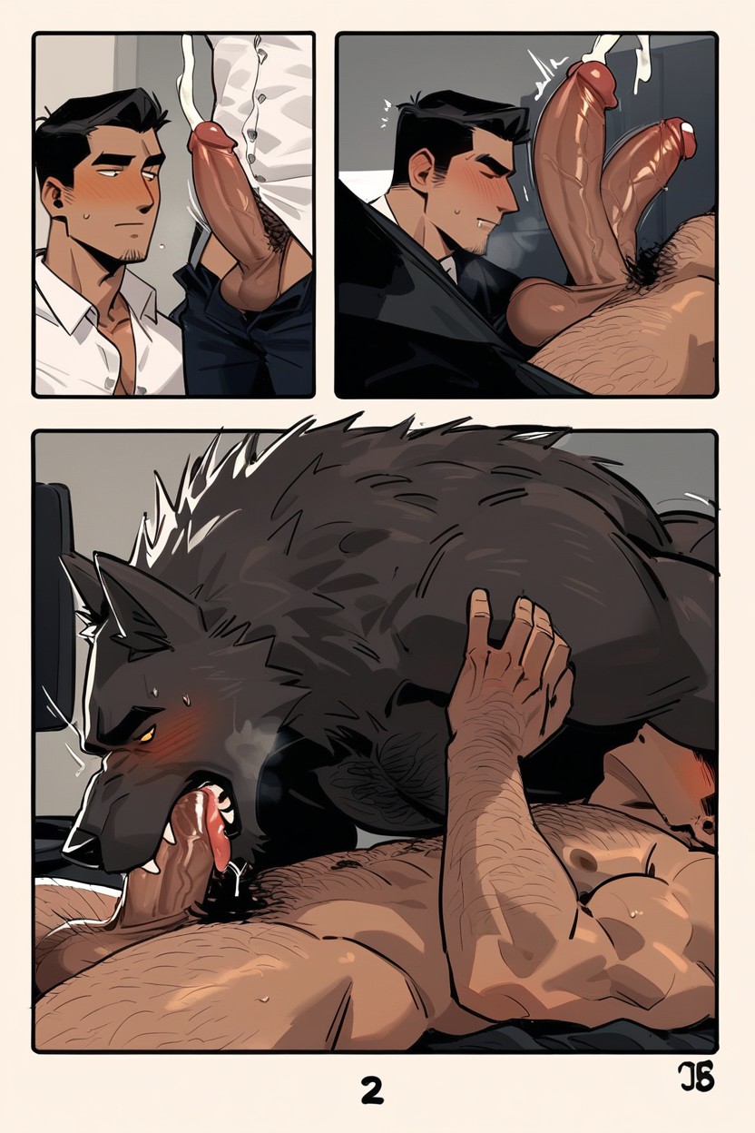 2 People, Office Shirt, A Large Werewolf AI Gay Porn