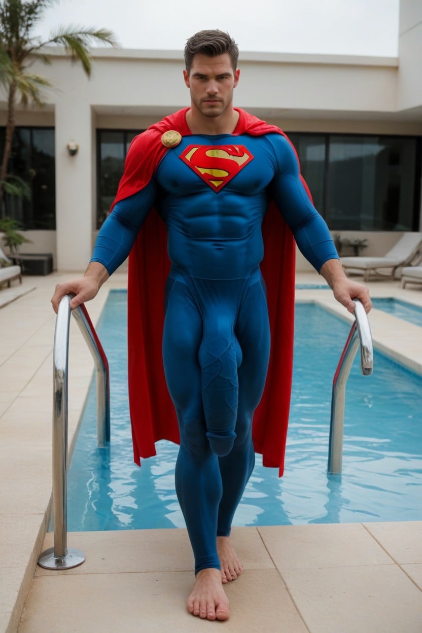 Six Pack Abs, Red Cape, Fully Clothed Superman With Giant Bulge Outline Under Clothes AI Gay Porn