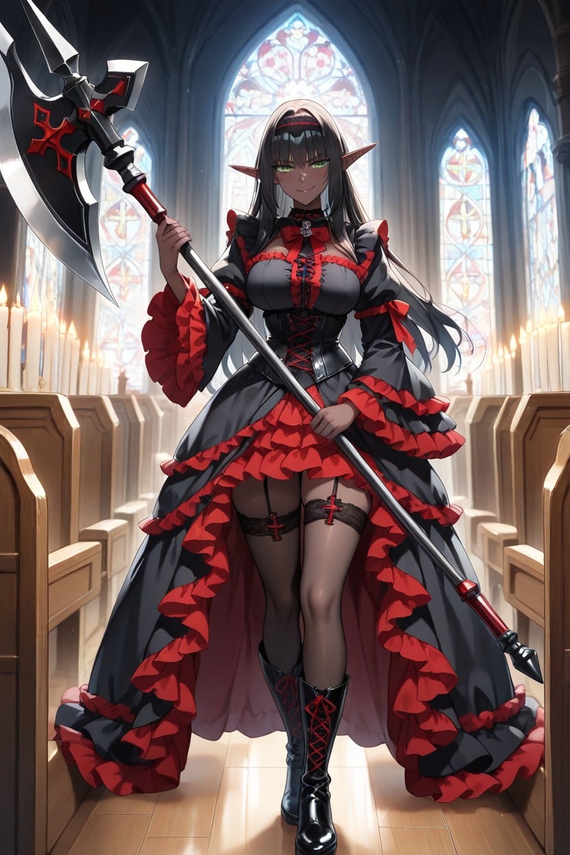 Green Eyes, Wooden Pew, Confident Gothic Stance Hentai AI Porn