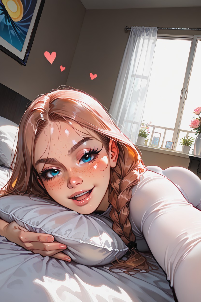 Sunset, Hearts And Flowers Pattern On Wallpaper, Light Makeup Hentai AI Porn