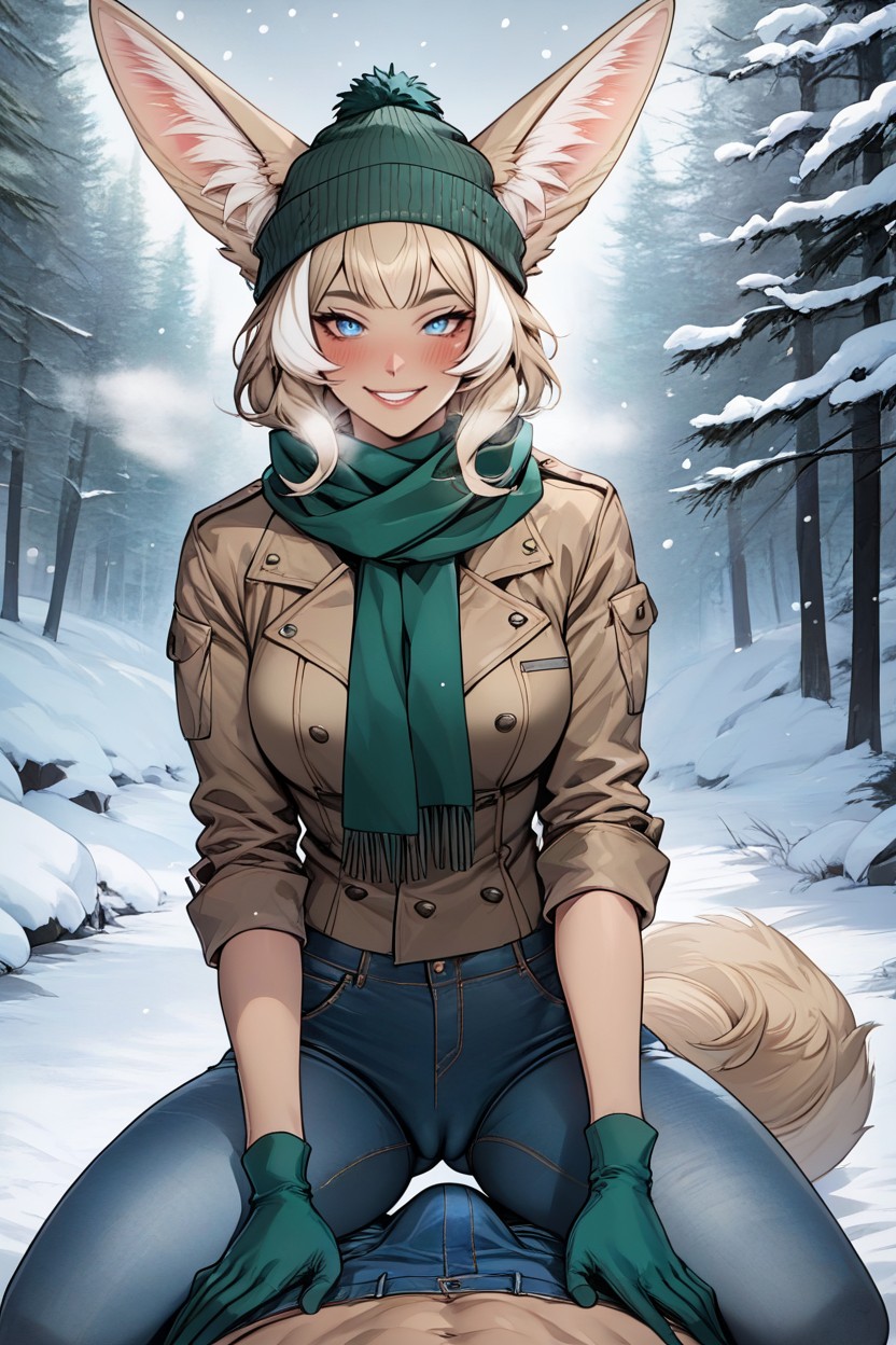 Body, Green Scarf, Beige Medium Hair With White Highlights Hentai AI Porn