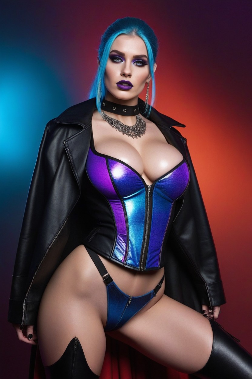 Bold Highly Saturated Facial Makeup, Red Knee-high Platform Boots With Massive Chunky Soles And High-gloss Reflections, Confident Tilted Head AI Porn