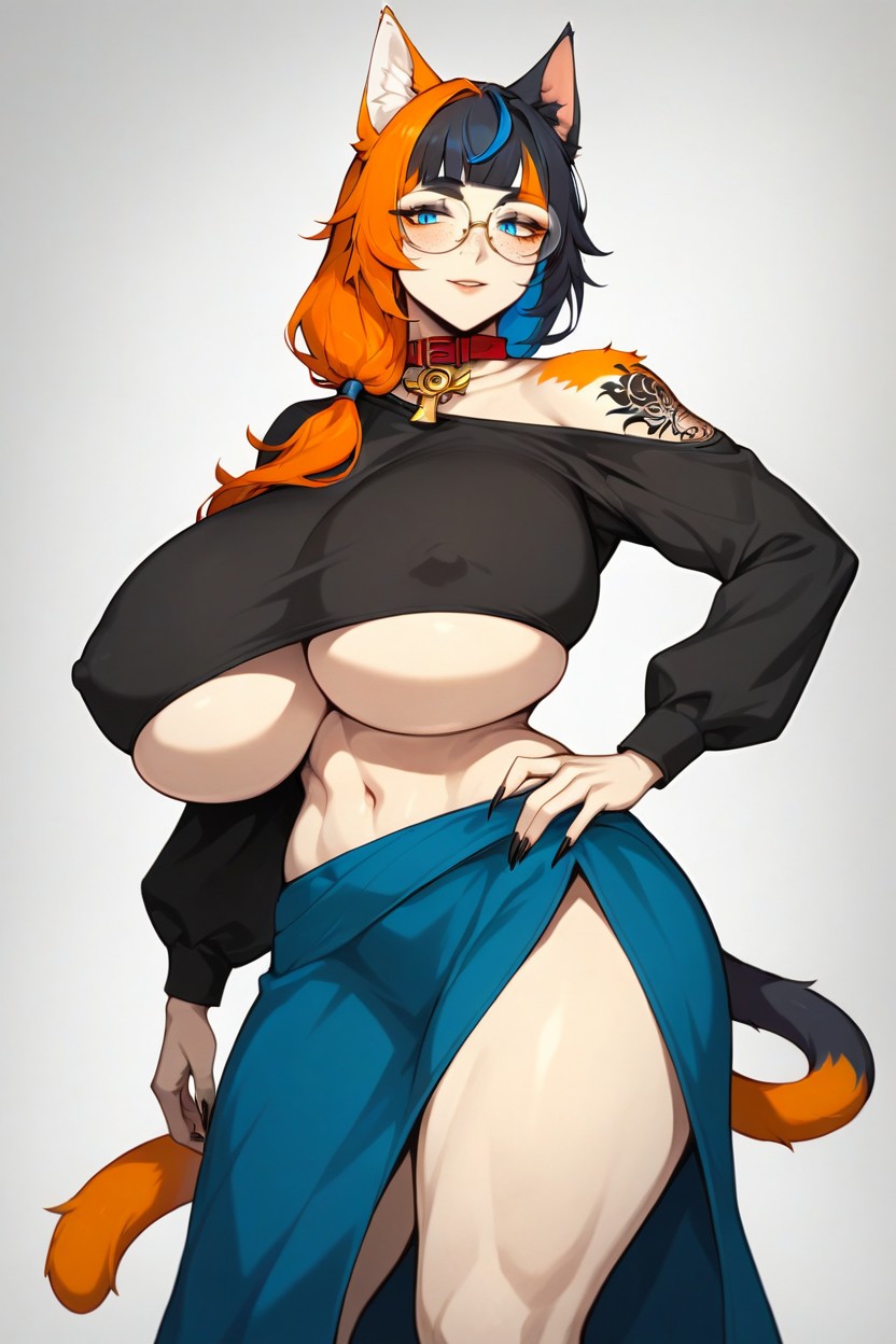 Navel, Simple Background, Mature Woman Hentai AI Porn