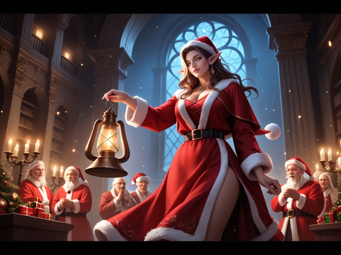 Wearing Stylish Fantasy-style Green And Red Velvet Outfits, And Slightly Glowing Eyes, Rich Textures Of Fur And Velvet AI Porn