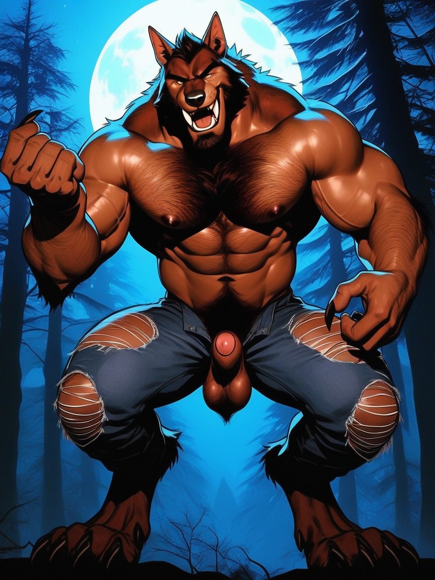 The Werewolf Is Squeezing His Furry Sheath And Balls With His Hand, Forest, Broad Shoulders KI Schwulenporno