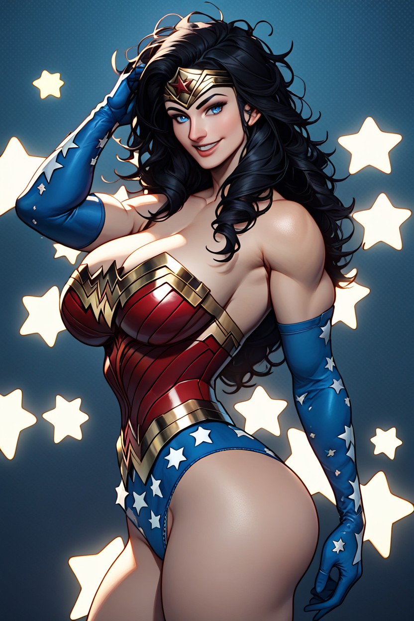 Elbow Long Blue Gloves Dotted With White Stars, Waist Shot, Office AI Porn