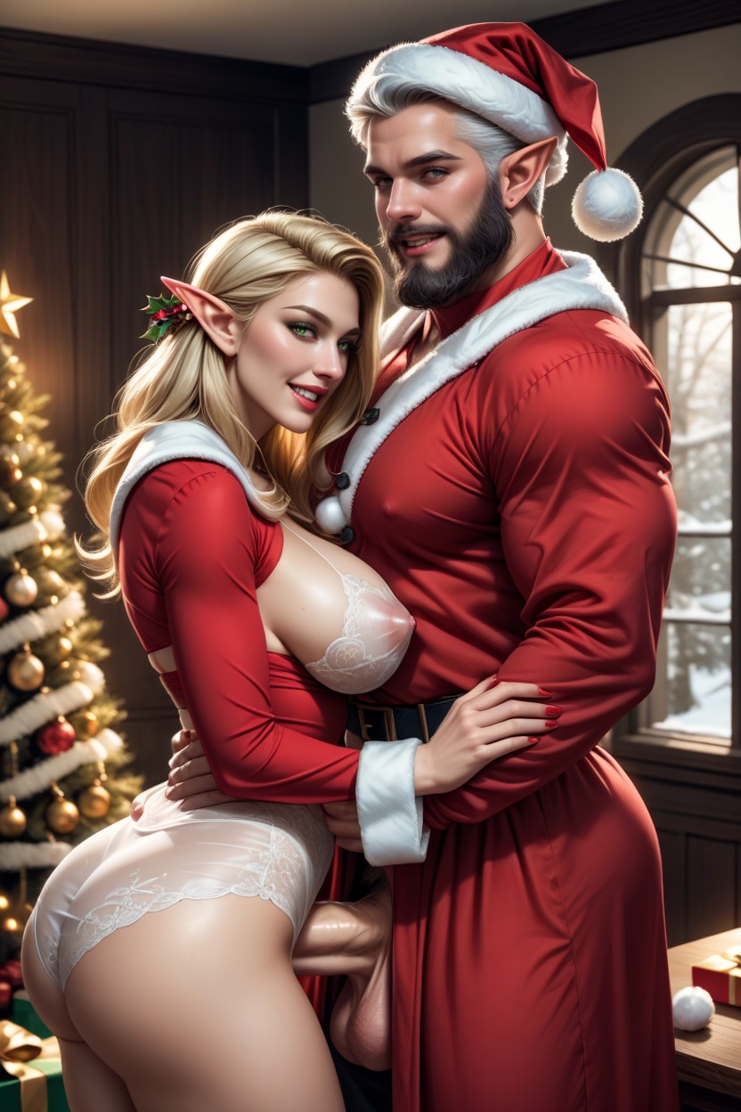 Skinny, Elf Bellow Than Santa Claus, Festive Background With Heavy Snowfall Outside A Window Hentai AI Porn