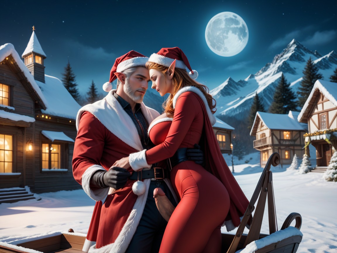 Night, Standing Together Tightly Embraced In A Flying Sleigh, K Resolution Hentai AI Porn
