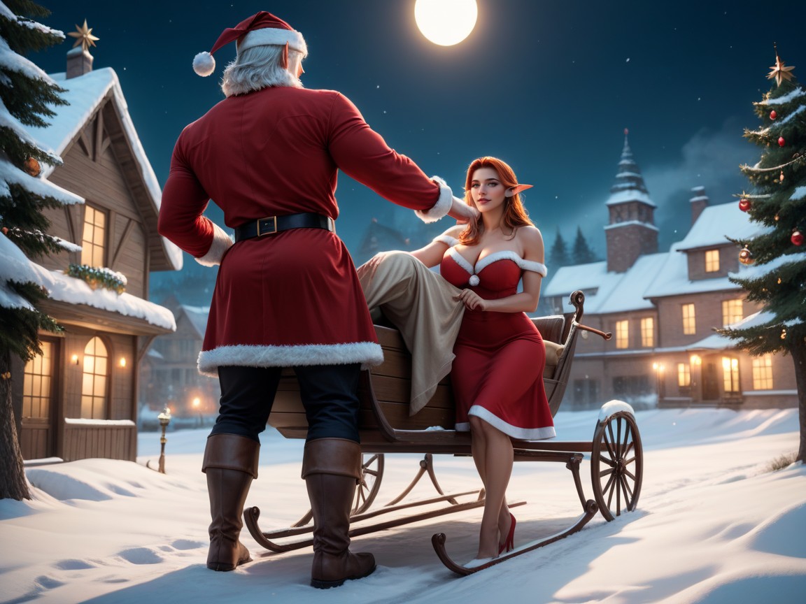 Santa Is Behind The Female Elf, The Sleigh Is Pulled By Reindeer, K Resolution Hentai AI Porn