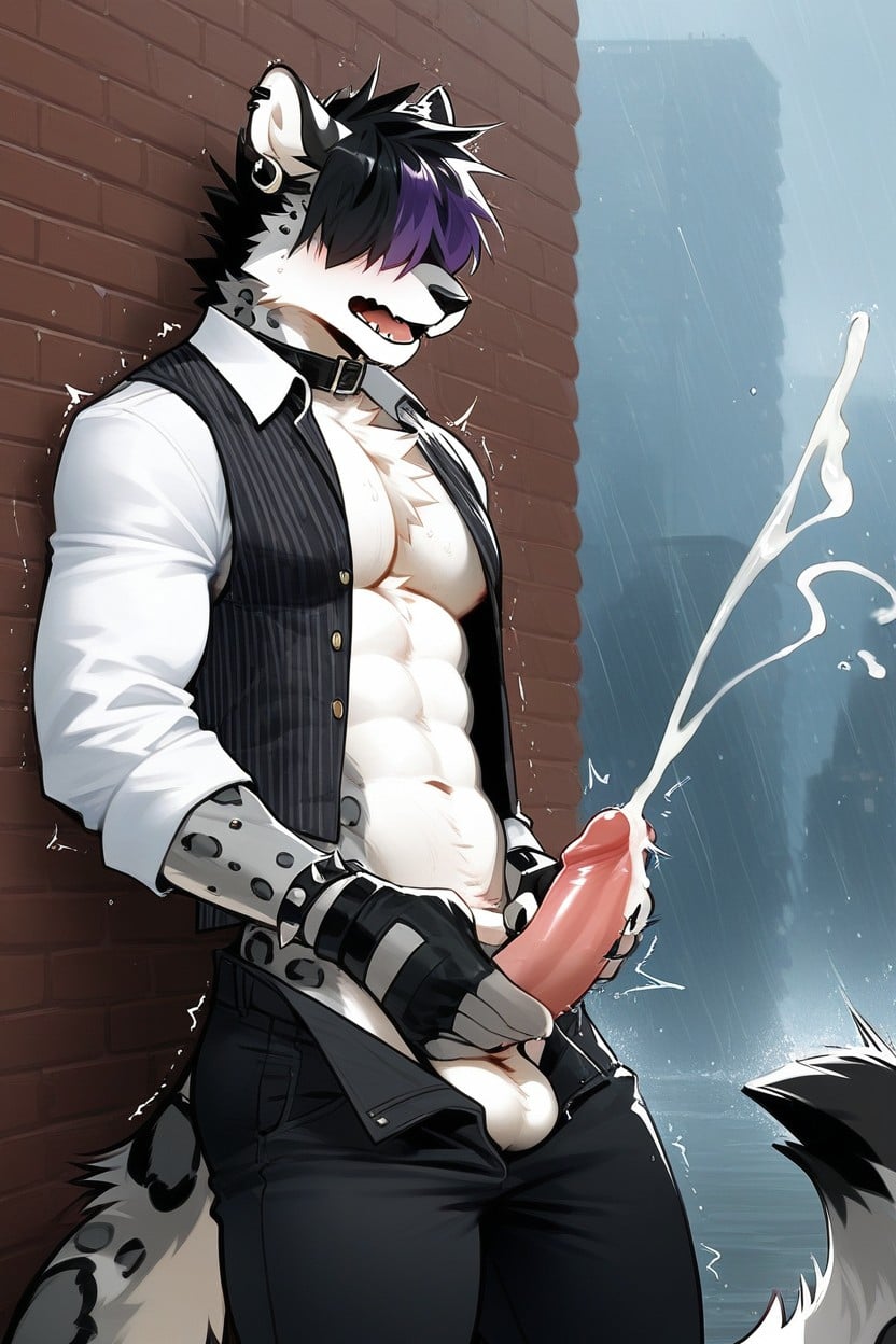 Wavy Hair, Detailed, Black Collar With Spikes Furry AI Porn