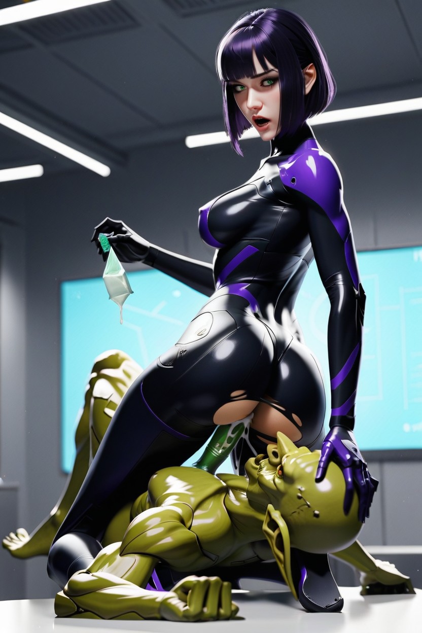 Oiled Skin, Green Eyes, Lab AI Porn