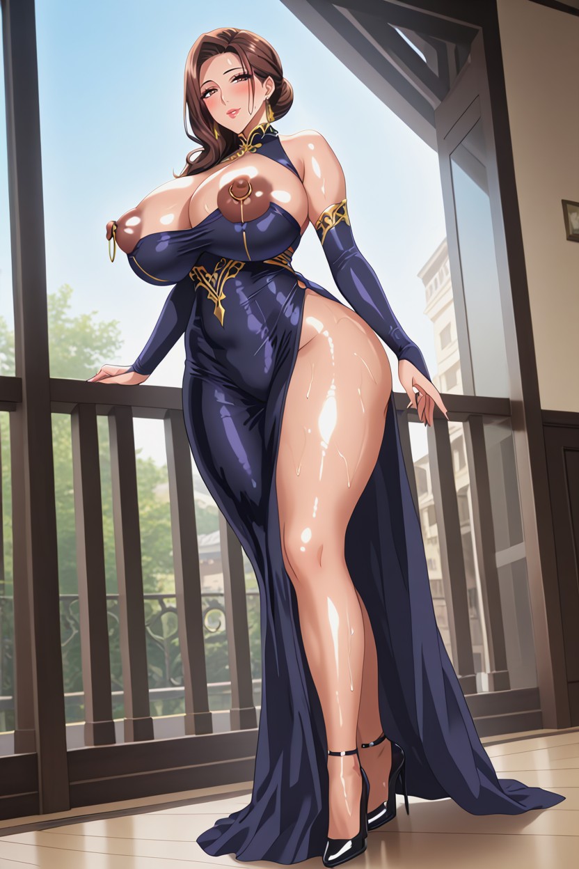 Brunette, Long Legs, Black Bridal Gauntlets Hentai AI Porn