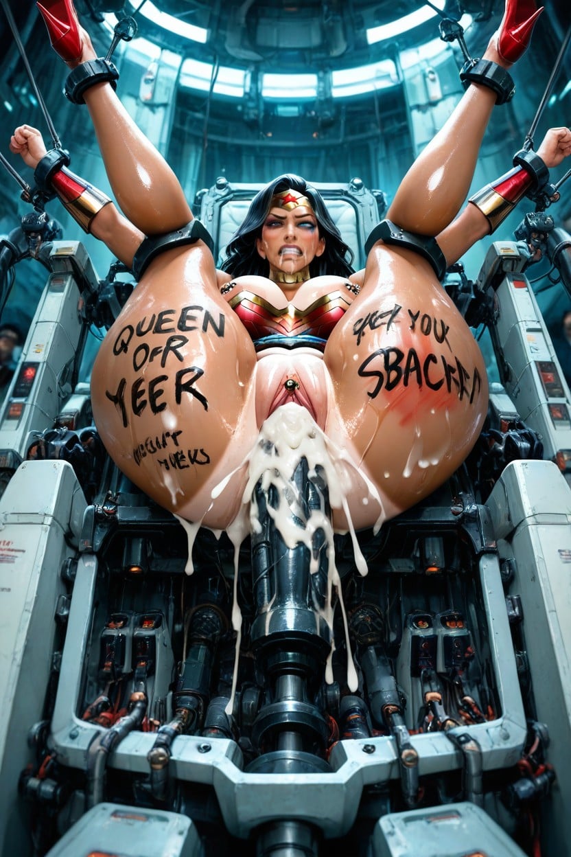 Dark Hair Wonder Woman, Limbs Stuck In Machine, Head Thrown Back AI Porn