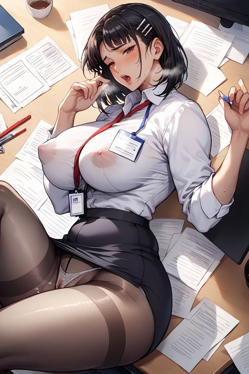 Heavy Breath On The Table, At The Office, Orgasm Hentai AI Porn