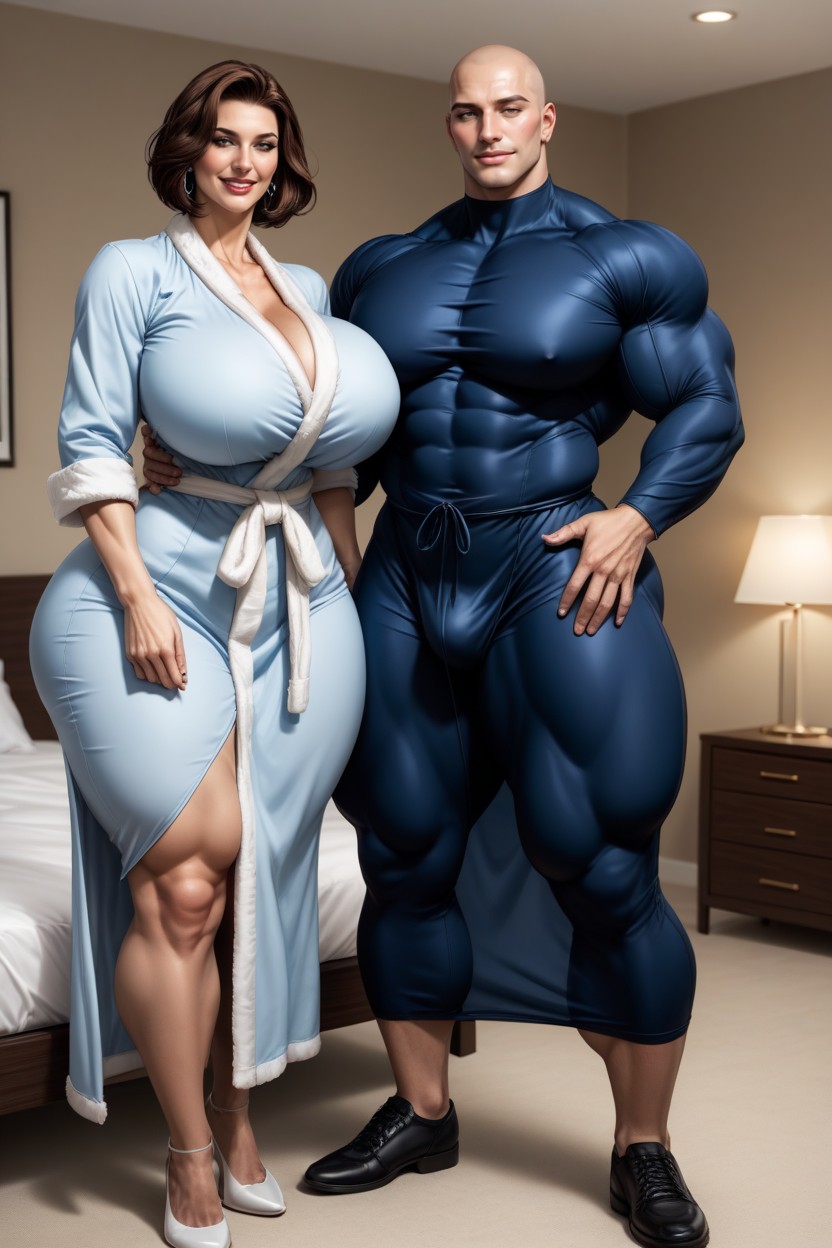 Thick Thighs, Two Women, Hyper Muscular Handsome Bald Man AI Porn