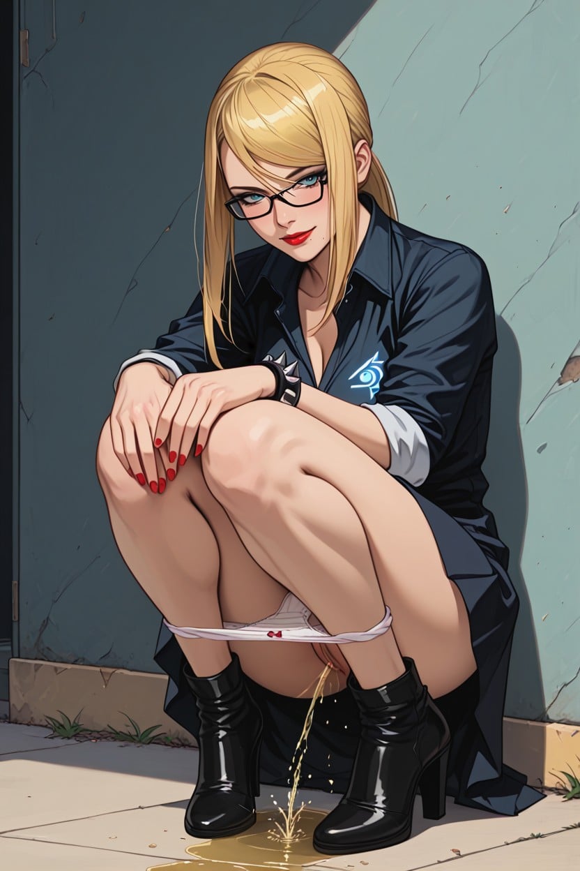 Exaggerated Jet Of Pee, Black Dress, Desperately Peeing Hentai AI Porn