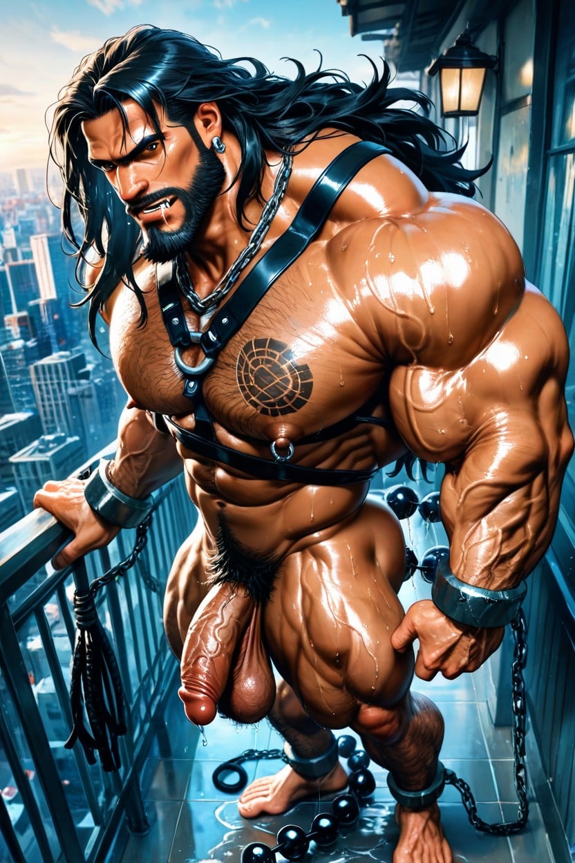 Nipple Piercings, Massive Legs, Vogelansicht KI Schwulenporno