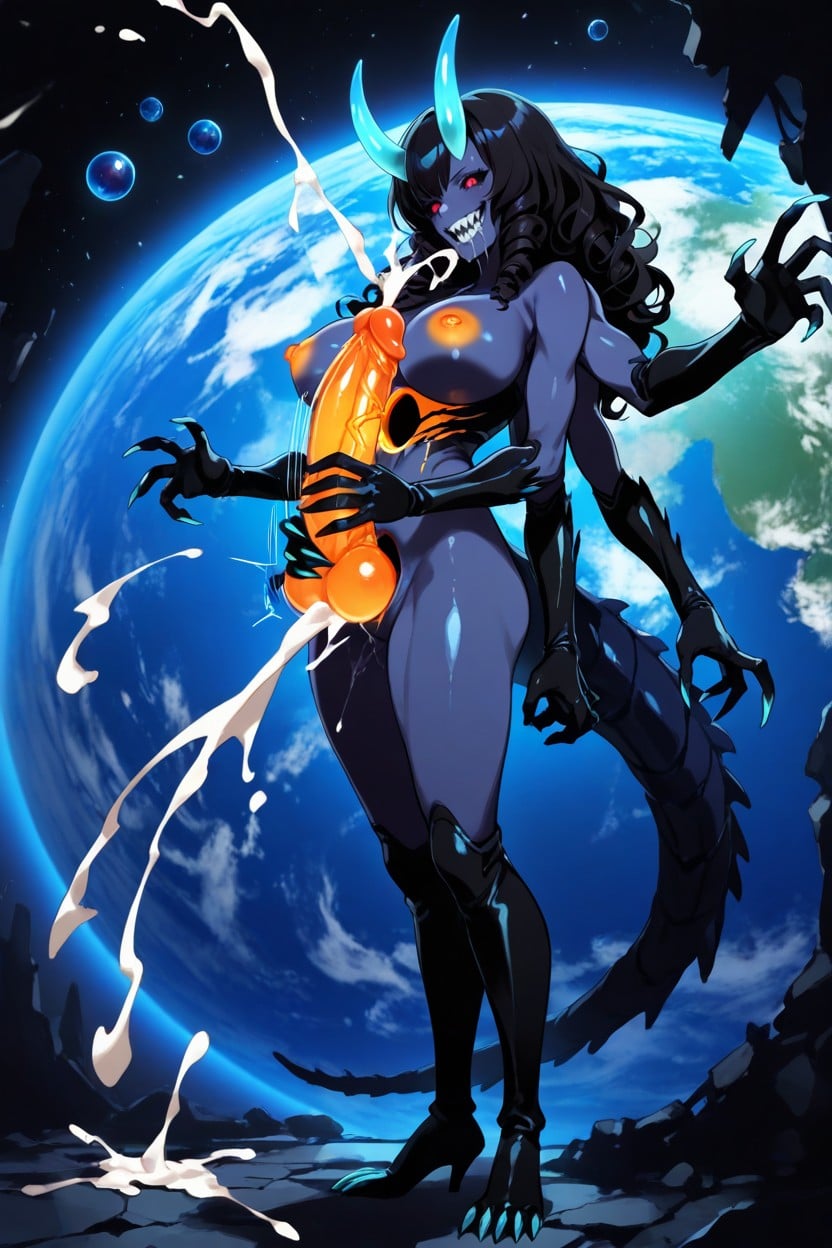Cum Gushing Out From Cock Profusely, Dark Blue Skin, Giant Saggy Breasts Hentai AI Porn