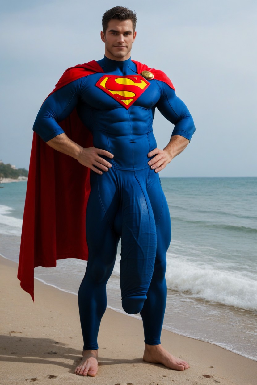 Red Cape, Hiperpene Imposiblemente Largo, Spandex Wet Look Superman Suit Porno gay IA