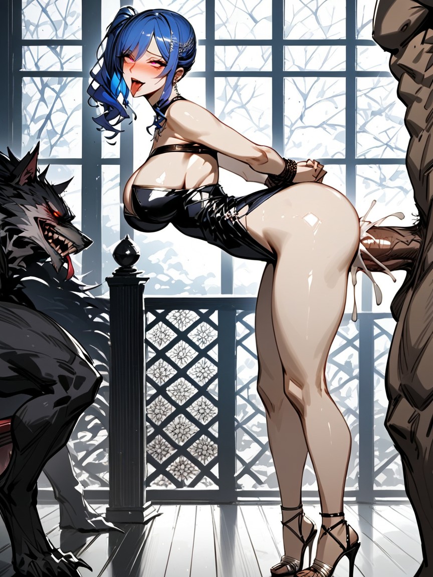Arched Back, Blue Hair, Balcony Hentai AI Porn