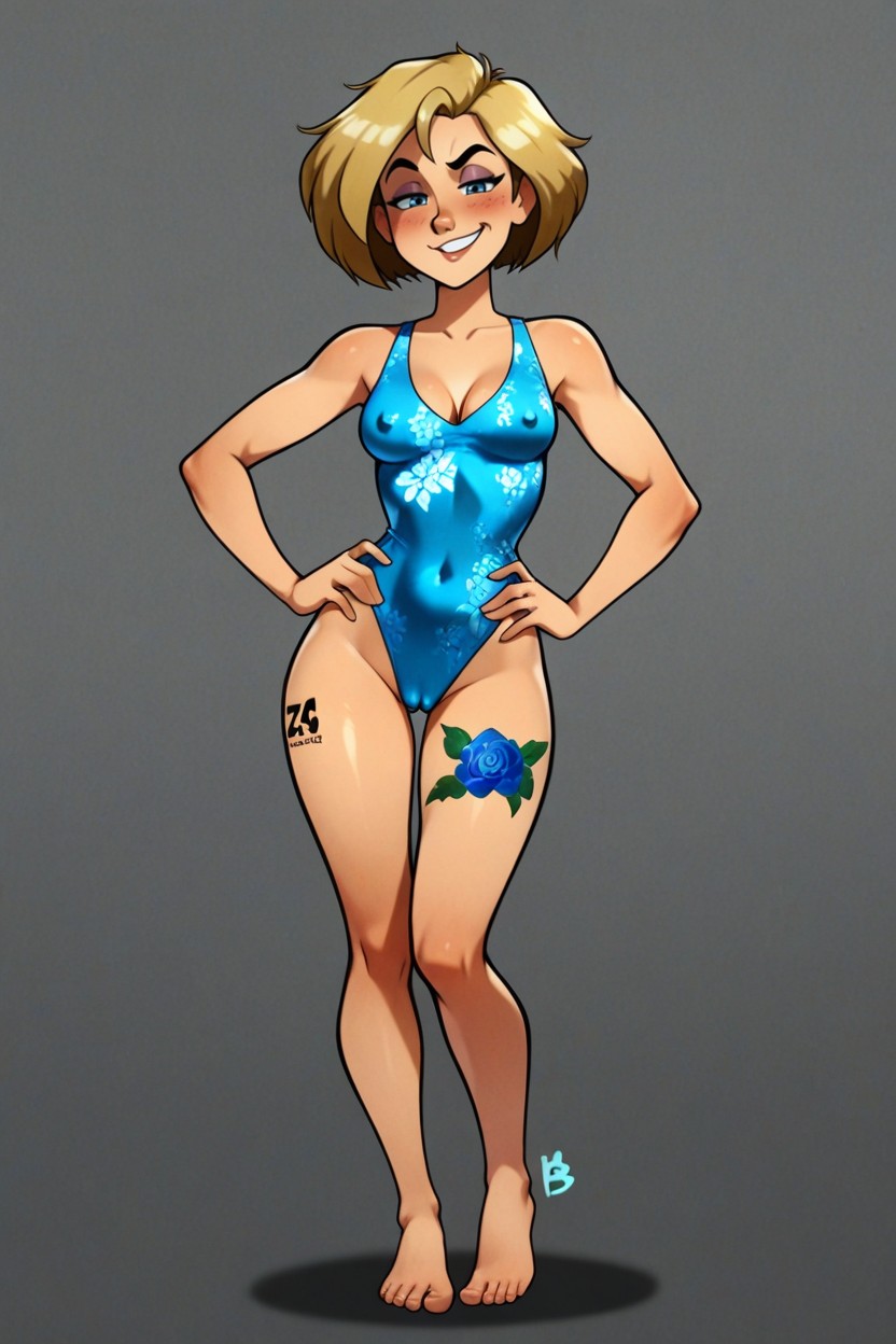 Smirk, Sexy Feet, Blue Floral Leotard Hentai AI Porn