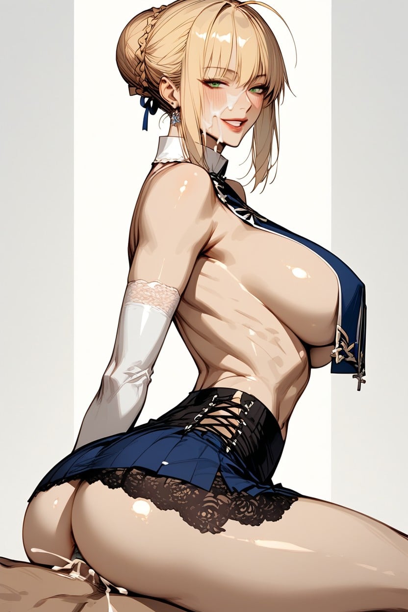 Seductive, Navel Exposed, Artoria Pendragon From Fate Riding Cock In A Cowgirl Sex Position Hentai AI Porn