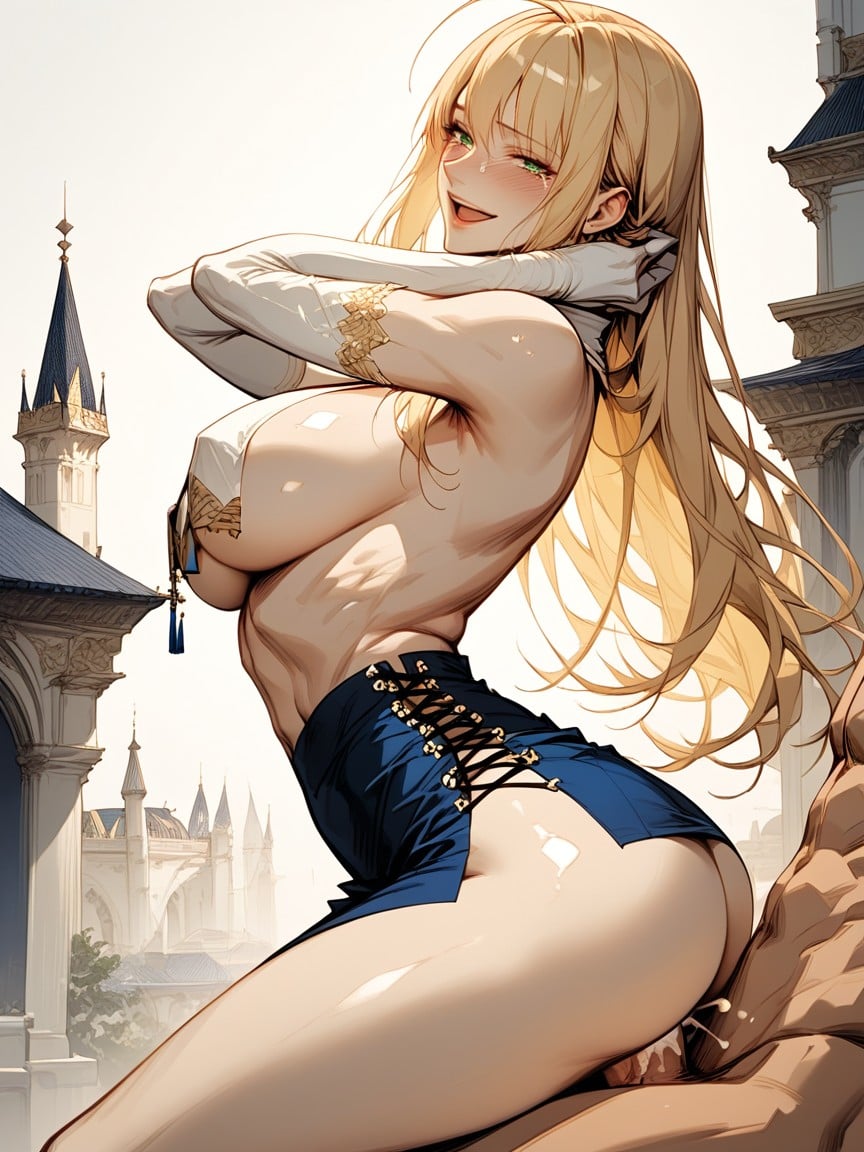 Kneeling, Detailed Eyes, Green Eyes Hentai AI Porn