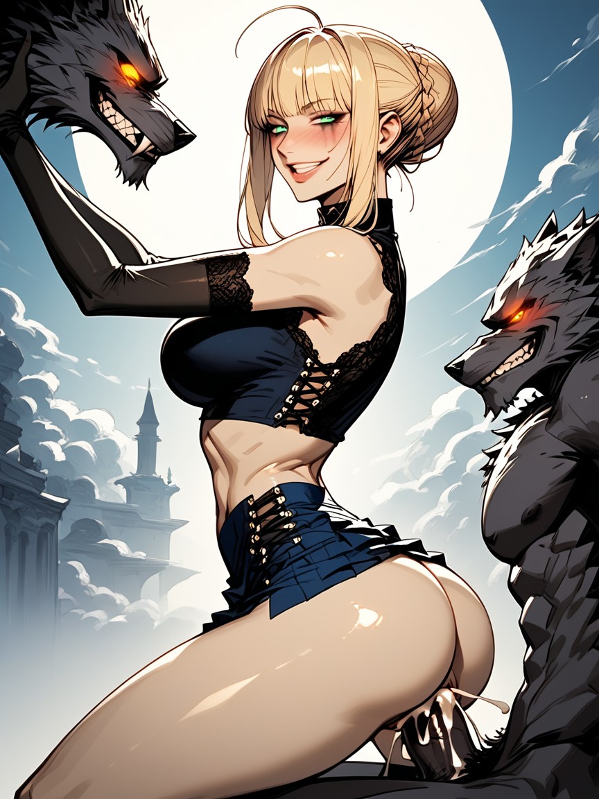 Naked Upper Body Excluding Long Blue Breast Curtain, Cum Dripping From Face Onto Breasts, Mischievous (smiling While Blushing) Hentai AI Porn