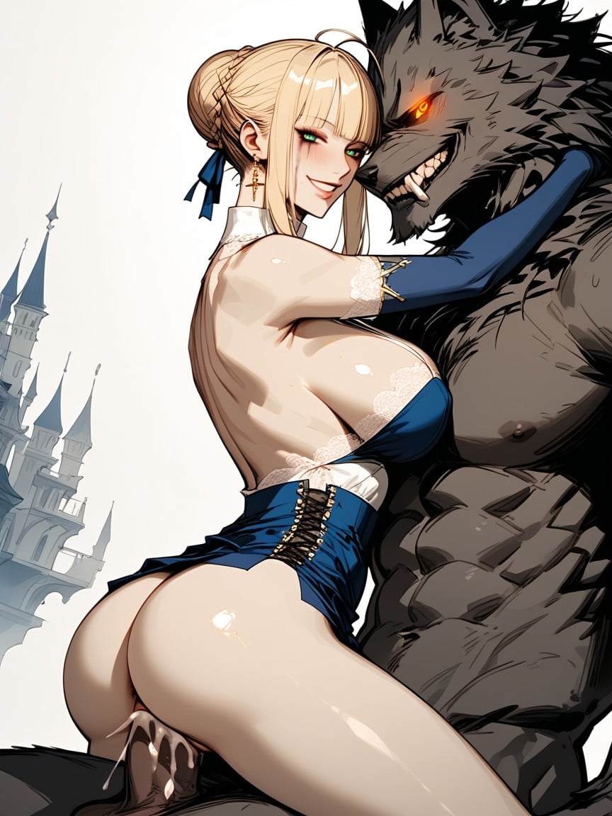 Navel Exposed, Artoria Pendragon From Fate Riding Werewolf Cock In A Cowgirl Sex Position, Seductive Hentai AI Porn