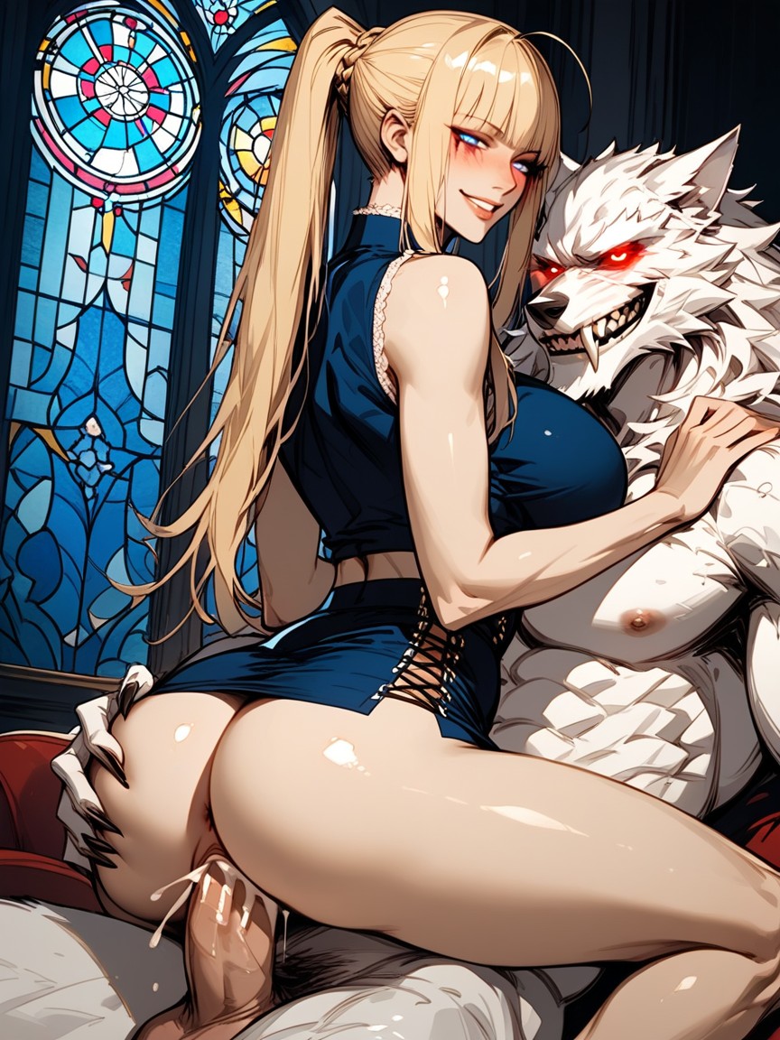 Exposed Ass, Beautiful Face, Her Arms Around Werewolf's Neck Hentai AI Porn